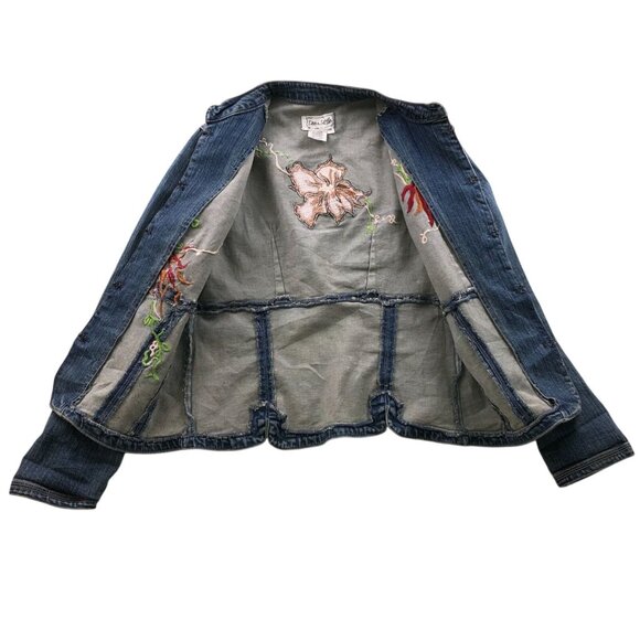 Live A Little Women's Jean Jacket Medium Petite Embroidered Floral Boho Y2K - Picture 3 of 14